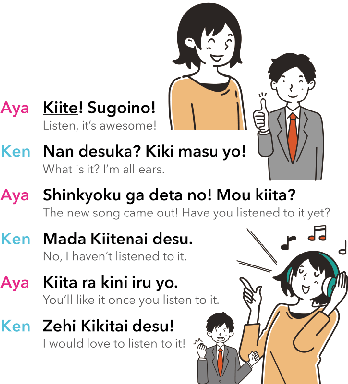 Aya: Kiite! Sugoino!
Listen, it’s awesome!

Ken: Nan desuka? Kiki masu yo!
What is it? I’m all ears.

Aya: Shinkyoku ga deta no! Mou kiita?
The new song came out! Have you listened to it yet?

Ken: Mada Kiitenai desu.
No, I haven’t listened to it.
 
Aya: Kiita ra kini iru yo.
You’ll like it once you listen to it.

Ken: Zehi Kikitai desu!
I would love to listen to it!