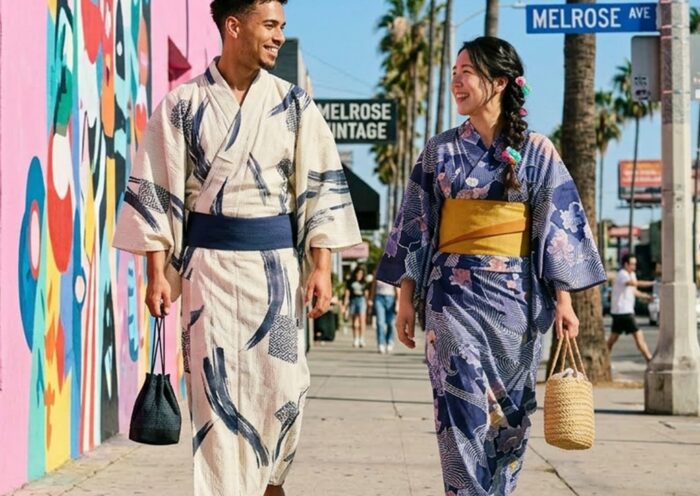 Couple in yukata walking on Melrose Ave near Kyoto Maruhisa USA
