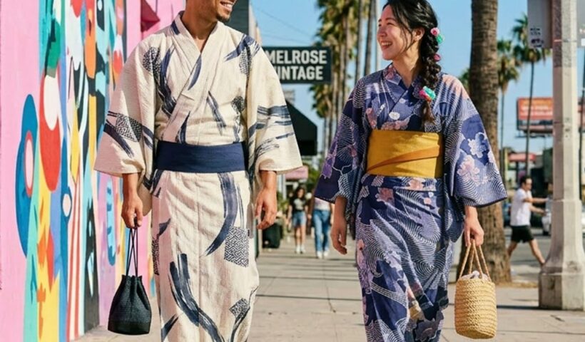 Couple in yukata walking on Melrose Ave near Kyoto Maruhisa USA
