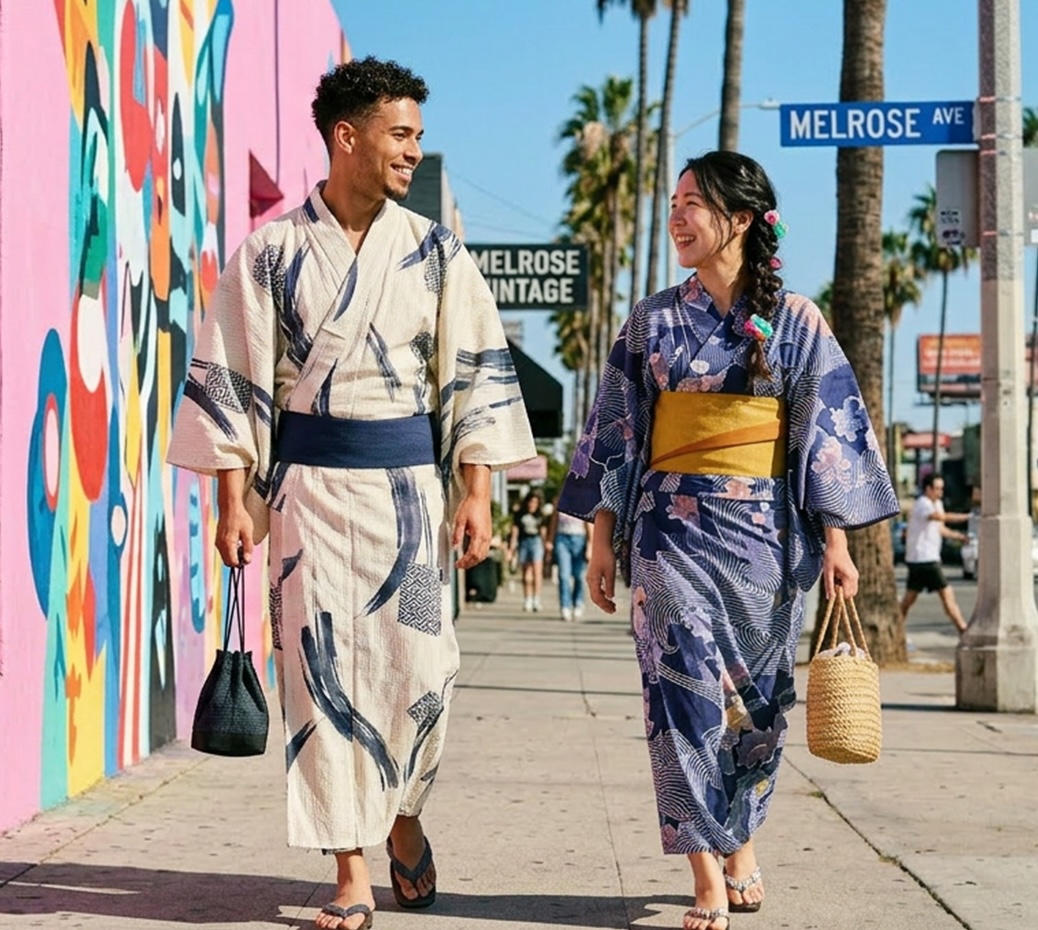 Couple in yukata walking on Melrose Ave near Kyoto Maruhisa USA