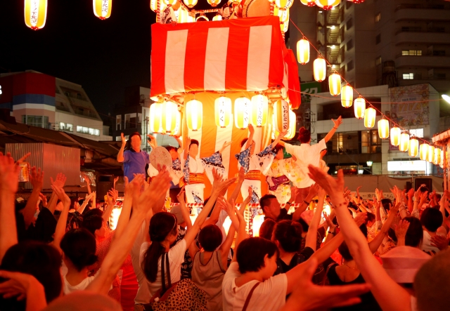 Bon Odori dancers circle yagura Shibuya summer festival Japan