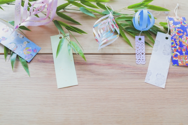 Tanabata festival bamboo decorations with tanzaku wishes in Japan