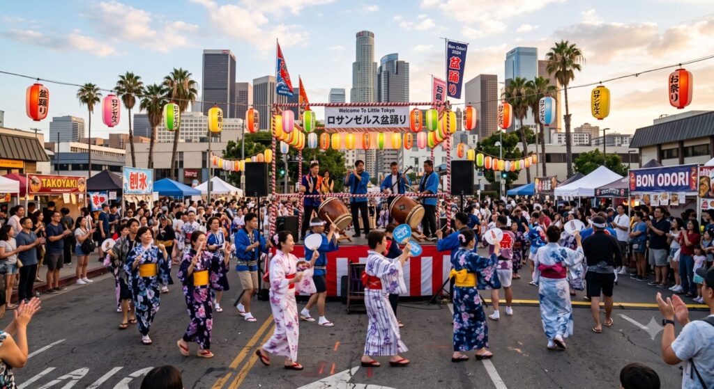 Bon Odori dancers at an Obon festival in Los Angeles