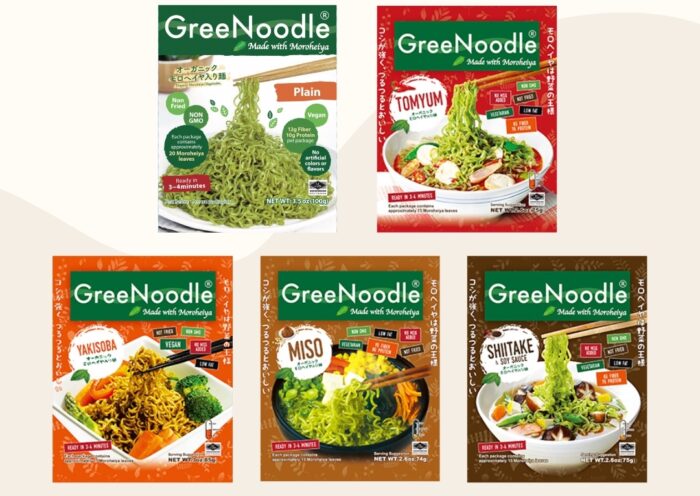 GreeNoodle organic moroheiya instant noodles in Plain, Tom Yum, Yakisoba, Miso, and Shiitake flavors