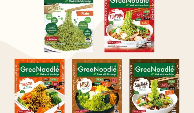 GreeNoodle organic moroheiya instant noodles in Plain, Tom Yum, Yakisoba, Miso, and Shiitake flavors