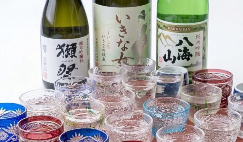 Premium sake bottles and cut-glass sake cups served at Wa Dining Suya in Torrance