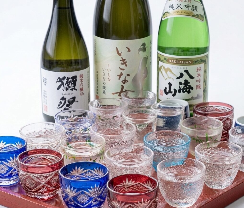 Premium sake bottles and cut-glass sake cups served at Wa Dining Suya in Torrance