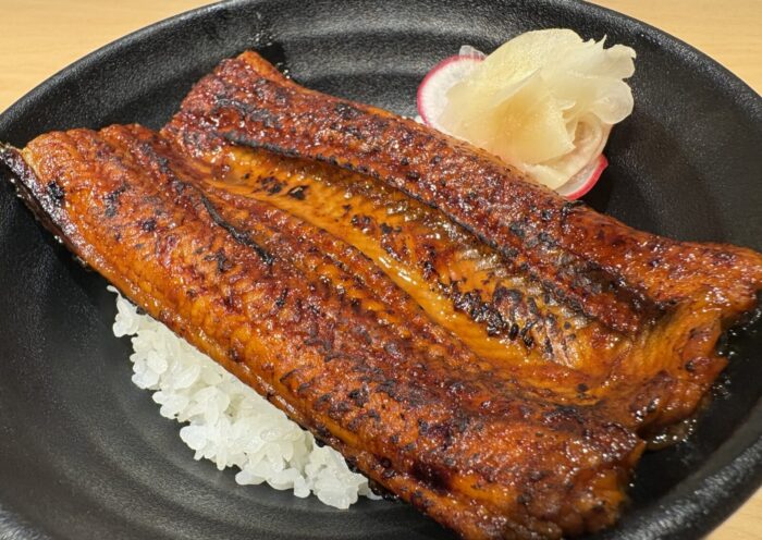 Unagi don with grilled eel over rice and pickled ginger, the July special set at Kimukatsu in Torrance
